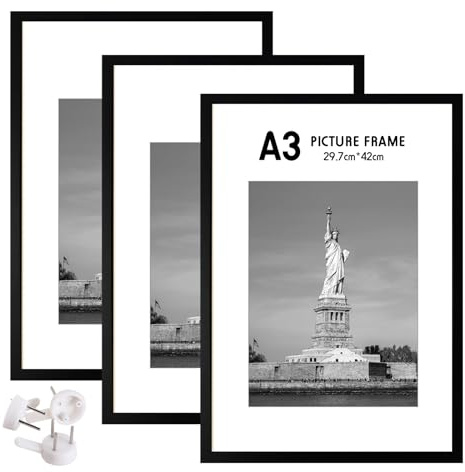 3 Pezzi A3 Nero Cornice Fotografica, Legno, Plexiglas, Poster Versatile Cornice Fotografica per Camera e Soggiorno, 29,7 x 42 cm