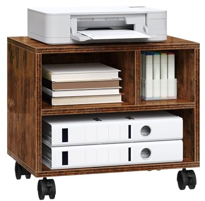 WOLTU Carrello Porta Stampante con 3 Scomparti Aperti, Mobiletto con Ruote, Supporto per Stampante in Legno, Classificatore per Documenti per Studio, Ufficio, 40x30x35cm, Marrone Rustico