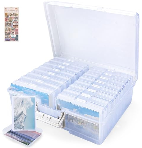 USHOP Caja de Almacenamiento para Fotos 16 Compartimentos Interiores, Organizador de Fotos de Plástico con Etiqueta Adhesiva,Cajas Organizadoras de Plastico para Almacenar Foto,Adornos Cintas