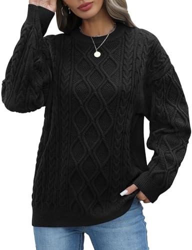 PASUDA Pull Femme Chic Hiver Chaud Pull Col Rond Manches Longues Sweater Décontracté Tunique Chandail Grosse Maille Grande Taille Lâche Tops Pull de Noel (Noir, M)