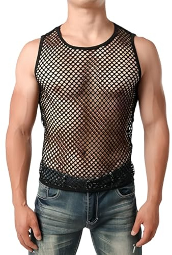 Men's Black Fishnet Vest Sleeveless Crew Neck Hollow Out Mesh Sports Top | Sexy See Through Stretch Mesh Fishnet Fitted Muscle Top Undershirt for Workout Gym Sport Novelty Party Clubwear