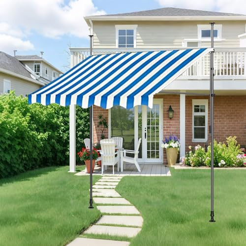 JHIAADEY Tenda Da Sole Retrattile,Tenda Da Sole A Bracci Estensibili,Tenda Da Sole A Morsetto Per Esterno,Angolo E Altezza Regolabili,Resistente Ai Raggi Uv,Impermeabile(Blue+White,2.5M/8.2FT)