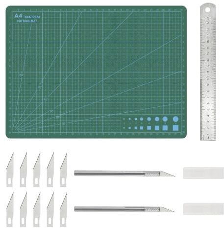 A4 Self-Healing Cutting Mat with Ruler, Knives & Blades – 3mm Non-Slip PVC, Grid & Geometric Patterns – Complete Craft Kit for Sewing, Fabric Cutting, DIY, Model Building