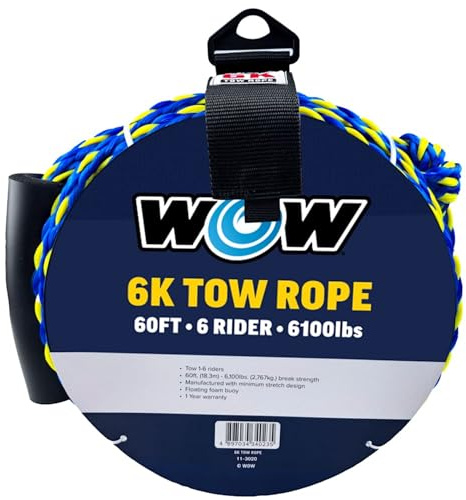 Wow Sports 6K Tow Rope for Towable Tubes - 60 ft - Blue & Yellow - 16-Strand Braided Polypropylene - 1-6 Riders