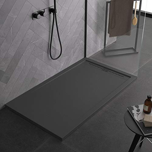 Plato de ducha gris de mineral con efecto pizarra de la serie Paris Slim 3 cm, revestimiento de Gelcoat, antideslizante