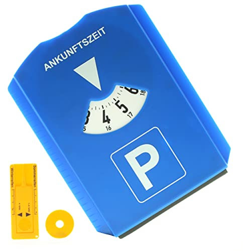 der kleine Handwerker Parkscheibe 5-in-1 mit Eiskratzer, Gummilippe, Reifenprofiltiefenmesser und Einkaufswagenchip Parkuhr für Auto und Motorrad aus Kunststoff Blau