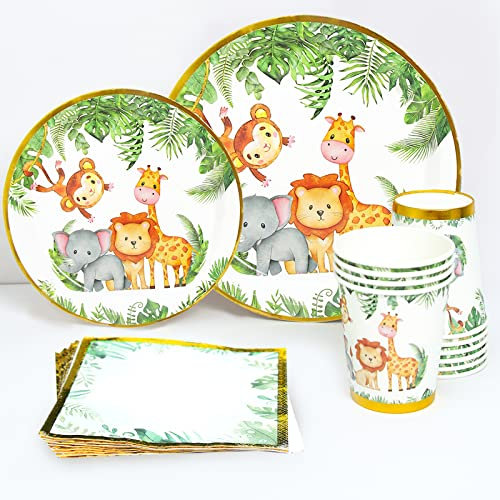 Vaisselle Anniversaire Jungle Safari, 24 Invités Vaisselle de fête Jetable Anniversaire Fille Garcon, Vert Animaux Sauvages Set Assiettes Gobelets et serviettes en Papier pour Anniversaire Baby Shower
