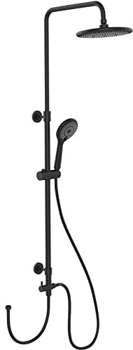 WENKO Colonne de Douche Pluie Watersaving | 3 Jets | Barre Douche, pommeau Douche Ciel de Pluie 22,5cm, douchette 11cm, Flexible 1,5m | Raccordement Standard | Hauteur réglable 75-120cm | Noir