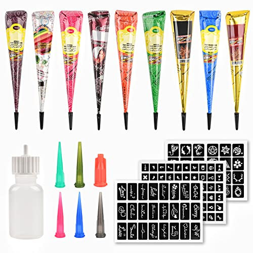 YUXUAN Temporary Tattoo Kit, 9 Colors Temporary Tattoos Paste Cone, 108 Pieces Stencil Pattern Set, 1 Applicator Bottle and 5 Plastic Nozzles, Tattoo Drawing Kit for Halloween, Christmas, Party.