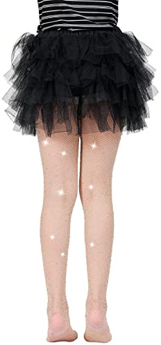 MANZI Girls Fishnet Tights Rhinestone Black Tights for Girls Sparkle Fishnet Stockings for Ballet Costume Halloween(Pack of 2) Natural