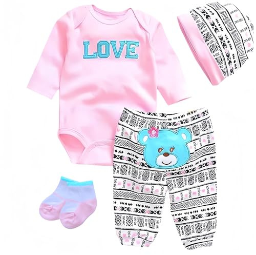 Vêtements pour Poupées Reborn de 43 - 55 cm, Poupées Reborn Vêtements Accessoires pour 17-22 Pouces Poupées Fille Ensemble 4 pièces Motif Ours et Love