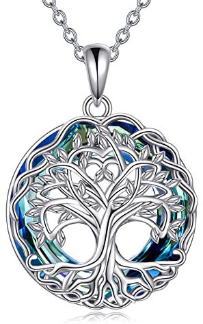 YFN Arbre de vie Collier Irlandais Celtique Pendentif Cristal Bleu Bijoux Argent Sterling Cadeaux pour Femmes Filles
