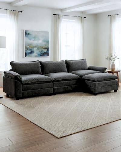 Karl home Sectional Sofa Modular Deep Seat Sofa Couch with Ottoman, Chenille Sofa Sleeper Comfy Upholstered Furniture for Living Room, Apartment, Studio, Office, (3-Seat & 1-Ottoman, Black)