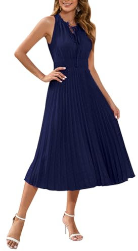 Odizli Sommerkleid Damen Lang Elegant Sexy Ärmellos Schweizer Punkt A Linie Plisseekleid Festlich Hochzeit Hochzeitsgast Abendkleid Midikleid Damenkleid Frühling Sommer Freizeitkleid Dunkelblau S