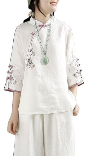 xinrishe Top In Lino Di Cotone Retrò Stile Cinese Camicia Da Donna Taglie Forti Camicia Ampia Con Ricamo Squisito Camicetta Tradizionale Hanfu (Color : White, Size : XX-Large)