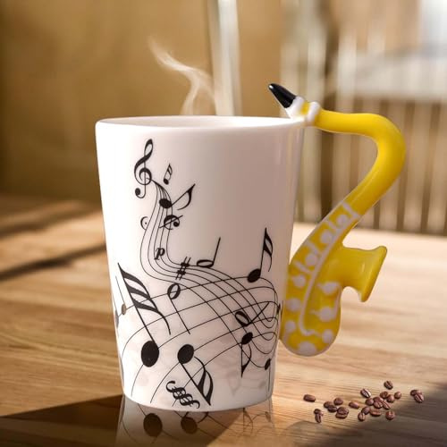 Tazza da caffè in ceramica con manico per sassofono, nota musicale, tazza da tè, tazza da tè, tazza in ceramica, per la musica cara, regalo di musica, 250 ml, colore giallo