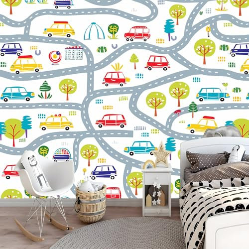 Papel Pintado Blanco Papel Carreteras animadas para Papel Pared Mural 250 x 175 cm Adecuado para muebles de salón cocina armario decoración de dormitorio