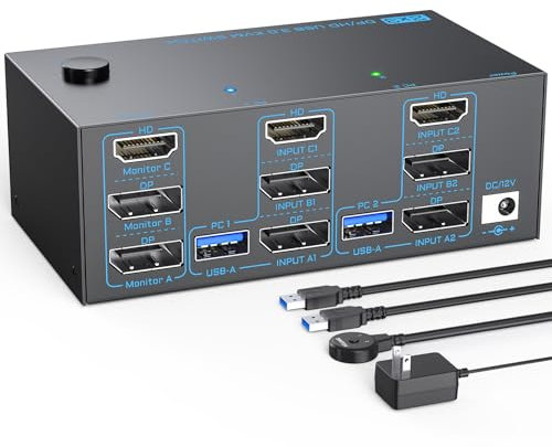 8K KVM Switch 3 Monitore 2 PC drei Monitore 2 Displayport 1.4 und HDMI 2.1 USB 3.0 KVM Switches DP 1.4 unterstützt 8K@30Hz/4K@144Hz, HDMI unterstützt 8K@60Hz /4K@120Hz mit kabelgebundener