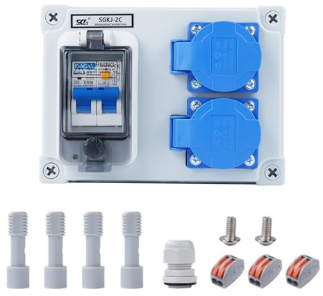 Wandverteiler 16A 250V Baustromverteiler 2-Polig Stromverteiler IP54 Wasserdicht Baustromverteiler mit 32A 1P+N FI Schalter Starkstrom Verteiler mit 2 Schuko-Steckdosen
