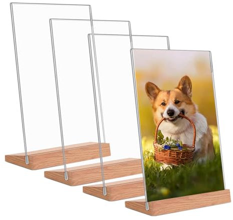 Andchi 4 Stück Acryl Tisch Display Stand klar Zeichen Menü Preis Halter L-Form mit Holzsockel für Restaurants Geschäfte Büro Bar Verkauf(L-Holz-S, A6)
