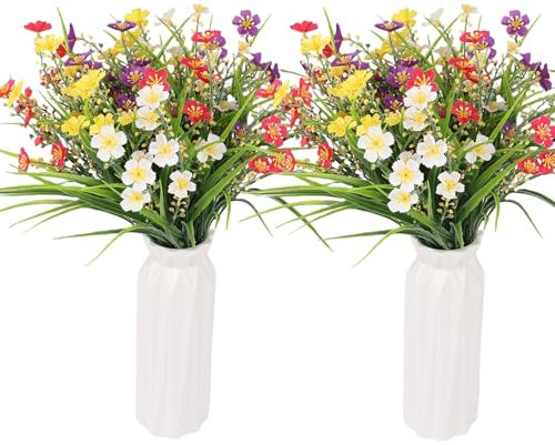 Leixi 8pcs Artificial Flowers,UV-Resistant Artificial Plants, Faux Daisy Flower Shrubs Plants Indoor Outdoor Hanging Planter Kitchen Home Wedding Office Garden Decor (Multi)