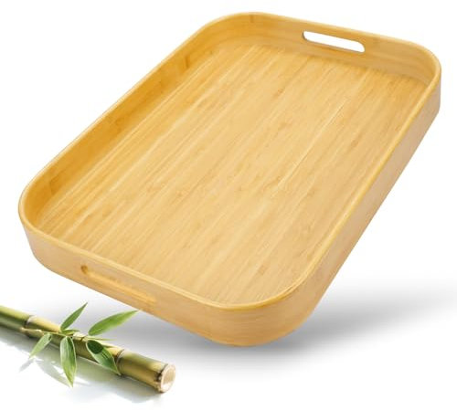 BBWELL Plateau de Service en Bambou 46x33x5.5 CM, Plateau Repas en Bambou avec poignées, Plateaus en Bois,Plateaus de Petit Déjeuner, Service en Bois pour Thé Café Boisson