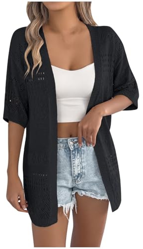 Women's Crochet Cardigans Hollow Out Short Sleeve Cardigan Open Front Casual Knitted Sweater Jacket Ladies Summer Cardigans Lightweight Beach Coverups Shrugs Outwear Top Ladies Knit Top