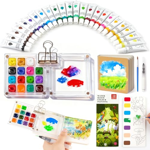 Mexlyca Mini Watercolor Paint Set, Palette Travel Kit, Pocket Watercolor Travel, Pocket Watercolor Set with 24 Colors Paint, Brush, Binder Clips, Sketchbook, collocation watercolor coloring book