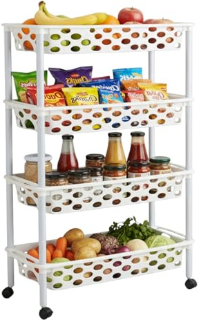 COSHANO Carrito verdulero con 4 Niveles Tipo Slim y Ruedas - Carro de plástico de Almacenamiento - Cestas Apilables para Frutas, Verduras, Cocina 85x61x19cm (Blanco)