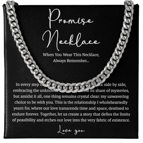 VIRAGIL Mens Promise Necklace Cuban Link Chain, Elegant Silver Chain Jewelry for Him, Meaningful Gift for Husband Boyfriend or Partner to Celebrate Love and Commitment