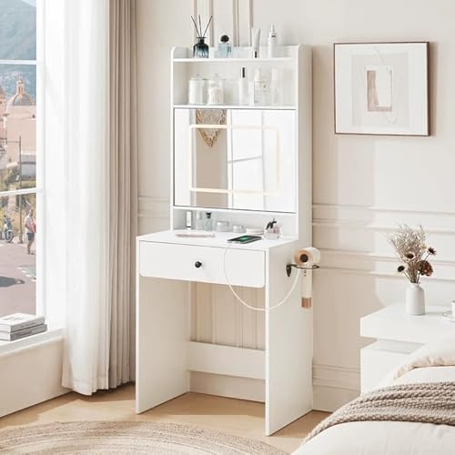 TUKAILAI Kleiner Schminktisch mit Öffnendem Spiegel und LED-Beleuchtung, 60x40x160 cm,Kosmetiktisch mit Spiegel & Steckdose, offene Regale Modern Frisiertisch fürs Schlafzimmer, Weiß