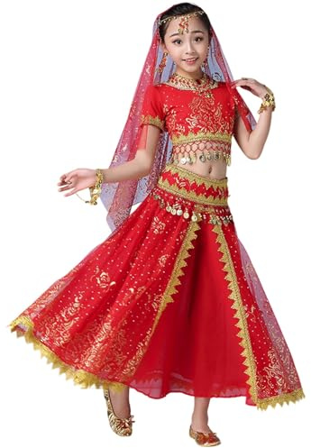 Costume Principessa Araba Bambina Vestito da Danza del Ventre per Bambina con Copricapo Collana Vestiti Ballo Ragazzina Costumi di Carnevale Halloween Ragazzina Dance Gonna Frange Ragazze 2026#3i19