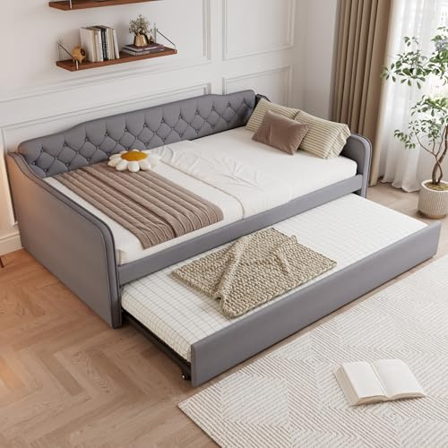 Merax 4FT6 Double Bed with Pull-Out Trundle, Upholstered Velvet Sofa Bed Frame for Adults & Teenagers, Modern Design Day Bed, Easy Assembly, Grey, 135 x 190 cm (No Mattress)
