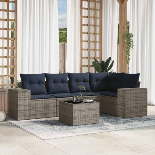Runheo Ensemble de canapé de Jardin 6 pièces en résine tressée Grise avec Coussins Bleus Marine Amovibles, siège modulable, composé de Banquette d'angle, Sofa avec accoudoirs, Table en Verre