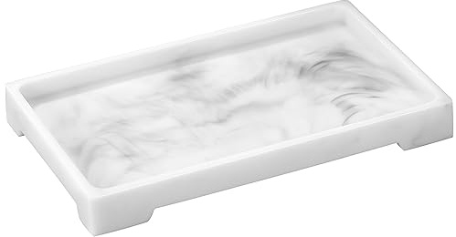 Luxspire Marble Tray for Soap Dispenser Perfume Jewelry, M, Marble White | 10 x 6 inch, non-slip waterproof resin, easy wipe clean, fits bath kitchen vanity, holds jewelry toiletries soap