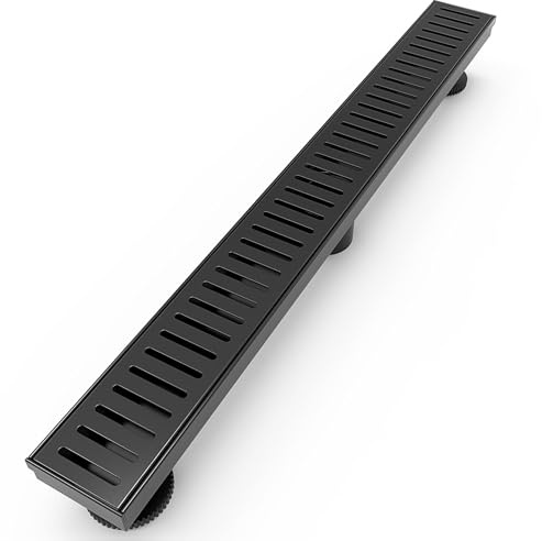 WEBANG 24 Inch Linear Shower Drain Rectangular Floor Drain with Accessories Capsule Pattern Cover Grate Removable SUS304 Stainless Steel CUPC Certified Matte Black