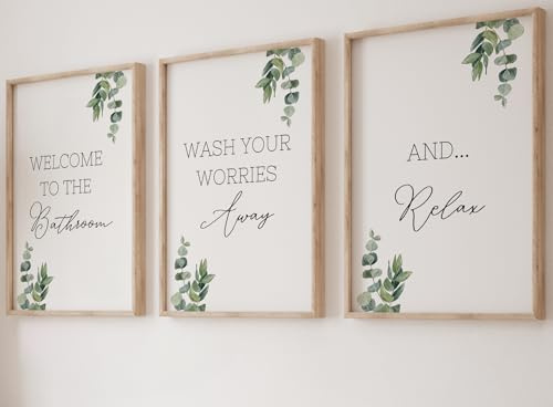 Eviepops Prints Eucalyptus Bathroom Wall Art Unframed Set of 3 Prints A4 | Eucalyptus bathroom wall art set with relaxing quotes, available in A4 and A3 unframed prints.