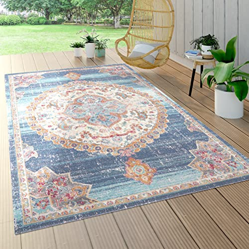 Paco Home Outdoor Teppich Wetterfest Wohnzimmer Balkon Küche Schlafzimmer Orient Muster Modern Bordüre Blau Beige, Grösse:80x150 cm