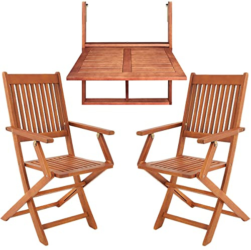 CASARIA® Juego de Muebles Balcón Set 3 Pzs Mesa Colgante 2 Sillas Plegables Conjunto Jardín Terraza Exterior Madera FSC