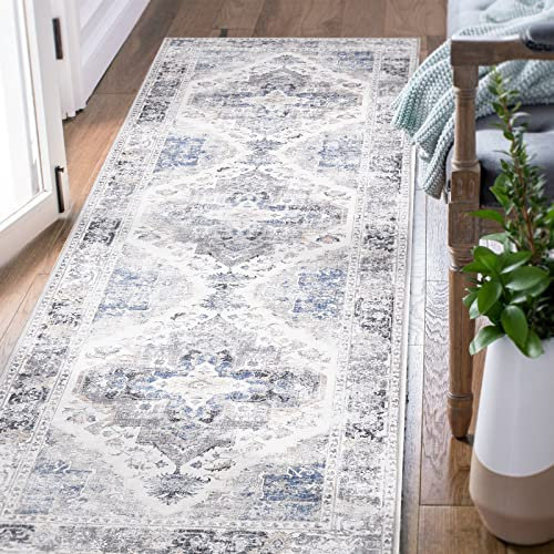 TOPICK Läufer Flur Waschbar Grau Küche Läufer Vintage Blume Orientalischer Dünner Faltbar Teppich für Brücken Schlafzimmer Wohnzimmer Tisch rutschfest Teppichläufer Flurteppich 60x180cm