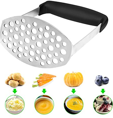 Hongtellor Potato Masher,Stainless Steel Baby Food Masher,Masher with Non-Slip Handle, for Mashed Potatoes, Jam, Vegetables and Fruits(Black)