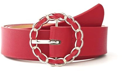 NEFLUM Ledergürtel Frauen Kleid Gürtel Kreis Metall dekorative Schnalle weibliche Casual Jeans Gürtel, Rot, 105x2.5cm