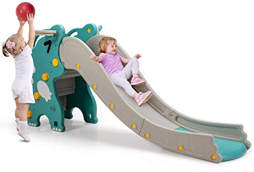 COSTWAY Kinder Rutsche, 4 in 1 Kinderrutsche mit Basketballkorb & Leiter & Ringwurfspiel, Rutsche Spielset für Indoor & Outdoor, Grün + Grau