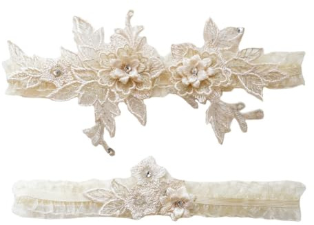 Hrlace 2 stycken strumpband set bröllop brudstrumpeband broderi spets blommor strumpband sexig stretchig lårband lårring för kvinnor flickor brud bröllop tillbehör beige en storlek