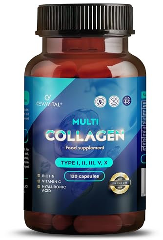 CEVAVITAL Multi Collagen Capsules for Women Men, Type I, II, III, V & X Hydrolyzed Collagen Peptides with Vitamin C and Hyaluronic Acid, Bovine and Marine Collagen Supplement, 120 Capsules