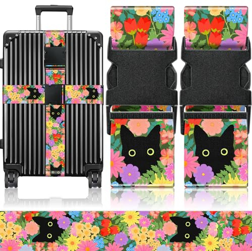 OffiEase Luggage Straps for Suitcases Travel Belt - Baggage Identifiers Suit Case Accessories with Buckle Nylon Adjustable Band Over Handle for Airport 2 pack Black Cat