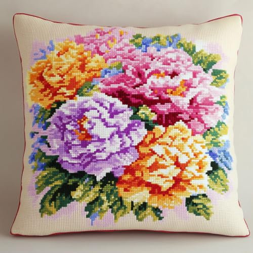 AMBATTERY Cuscino da Ricamare Punto Croce, Fiori di peonia colorati Kit Punto Croce da Ricamare 45x45cm Cuscino Ricamato a Mano con Punto Croce Set Fai da te per Principianti