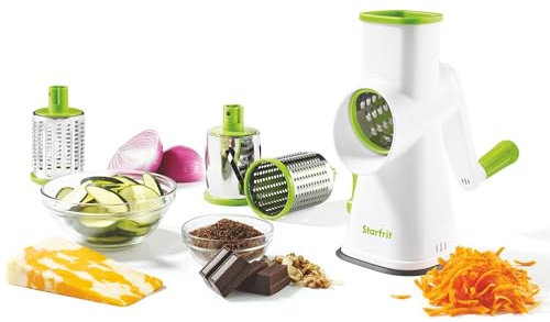 Starfrit Râpe à tambour rotatif – 4 tambours interchangeables en acier inoxydable – trancher, râper grossièrement et fin, rasage de glace – Idéal pour légumes, fromage, noix, chocolat