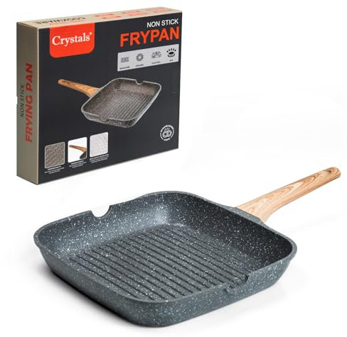Crystals Non-Stick Grilling Pan With Wooden Handle - 30cm Induction Griddle for Steak and Grilling - Suitable for All Cooking Hobs