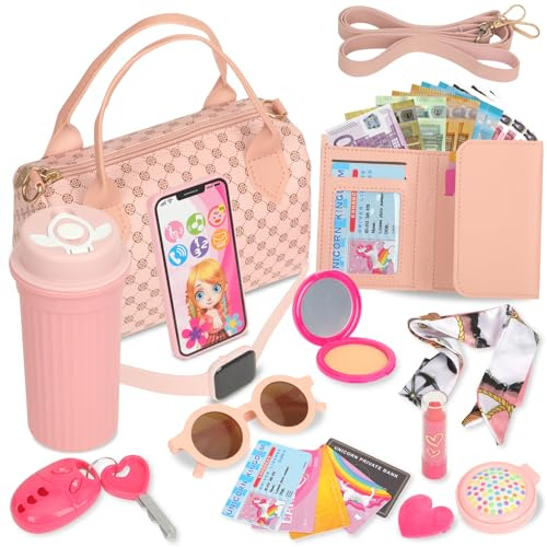 Accessoires de Sac à Main Petite Fille, 14 pièces Faux Maquillage pour Enfants Con Euros Billets, Téléphone Portable, Portefeuille, Gobelet, Jouets à Habiller - Cadeau d'anniversaire